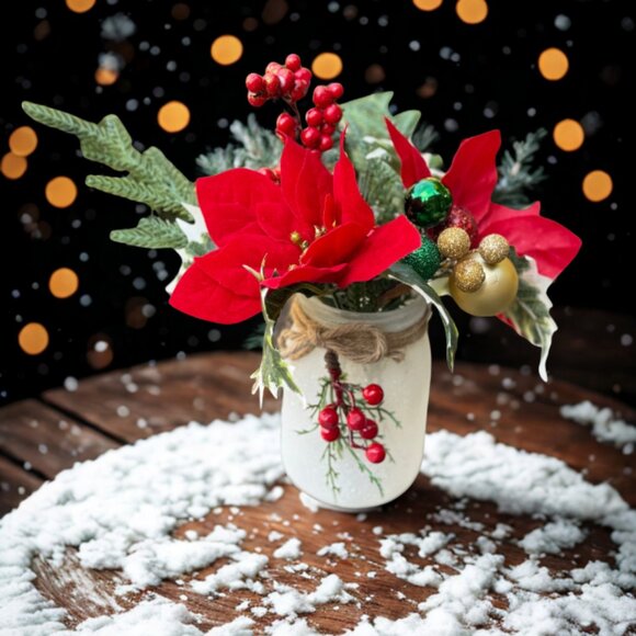 Red Poinsettia Christmas Faux Floral Arrangement in Frosted Mason Jar Decor - Picture 8 of 10